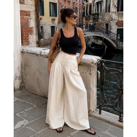 Cherubina Pants - Cherubina Cream High Waisted Wide Leg Pleated Trousers Size Small Palazzo Pants